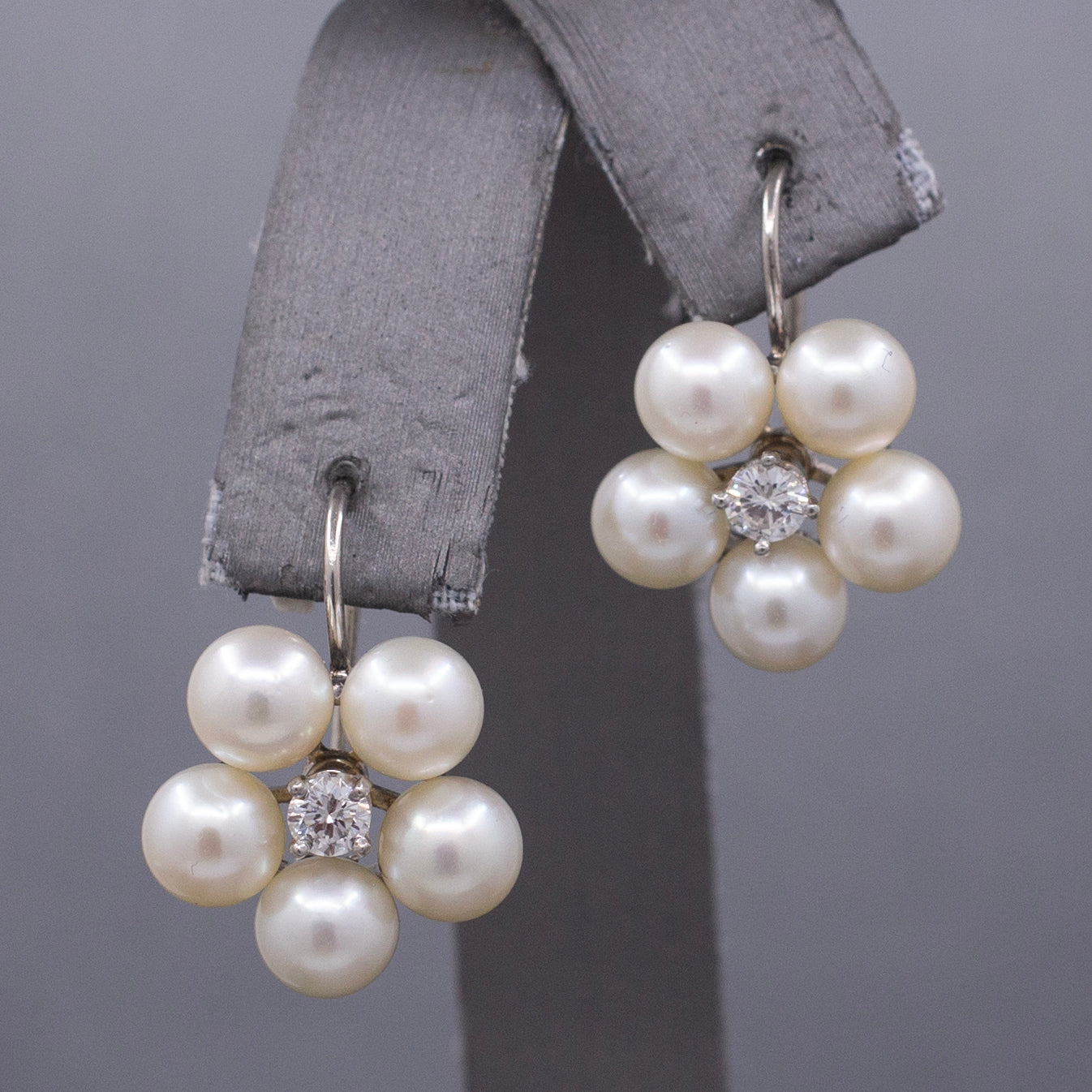 Vintage Diamond and Pearl Flower Drop Lever Back Earrings in 14k White Gold
