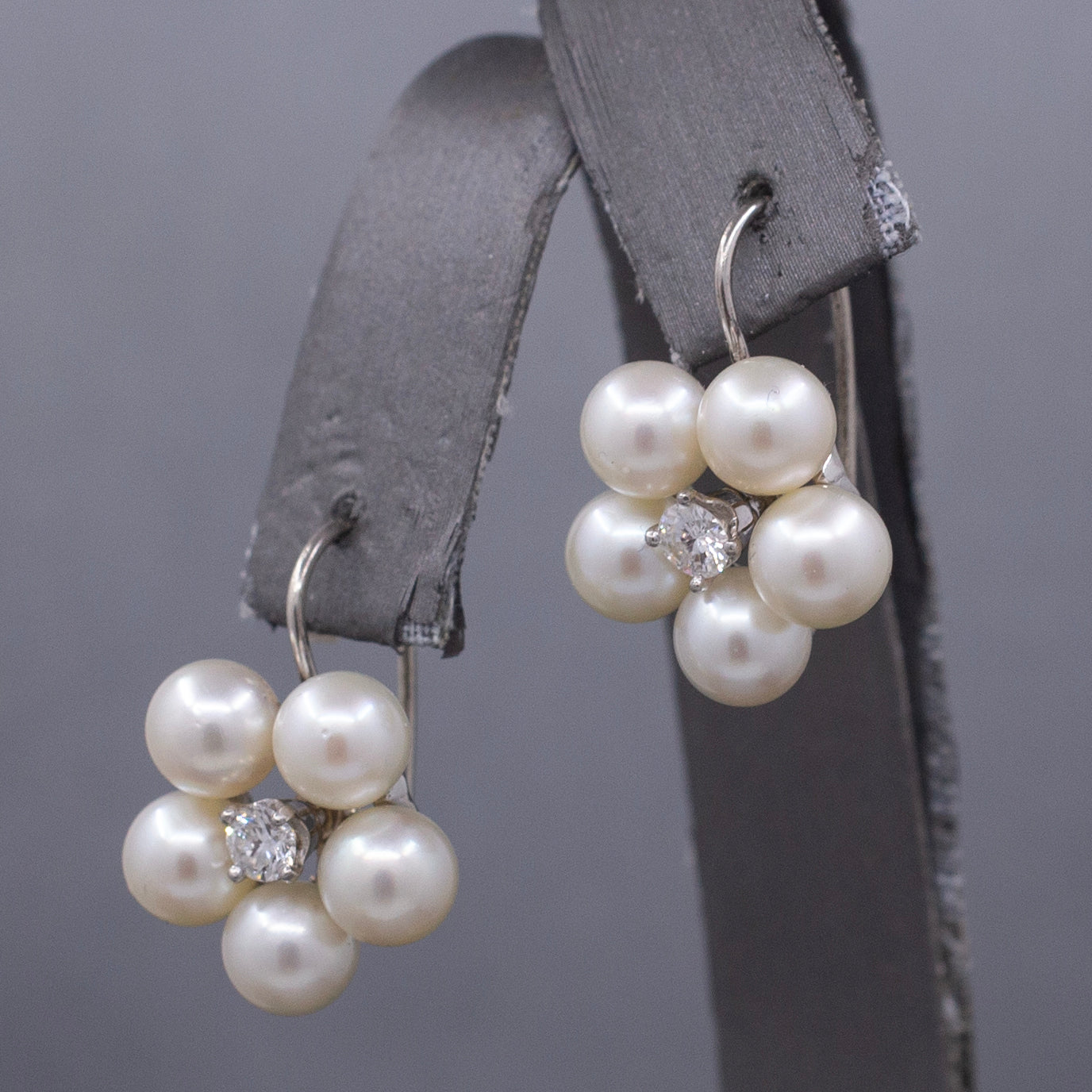 Vintage Diamond and Pearl Flower Drop Lever Back Earrings in 14k White Gold