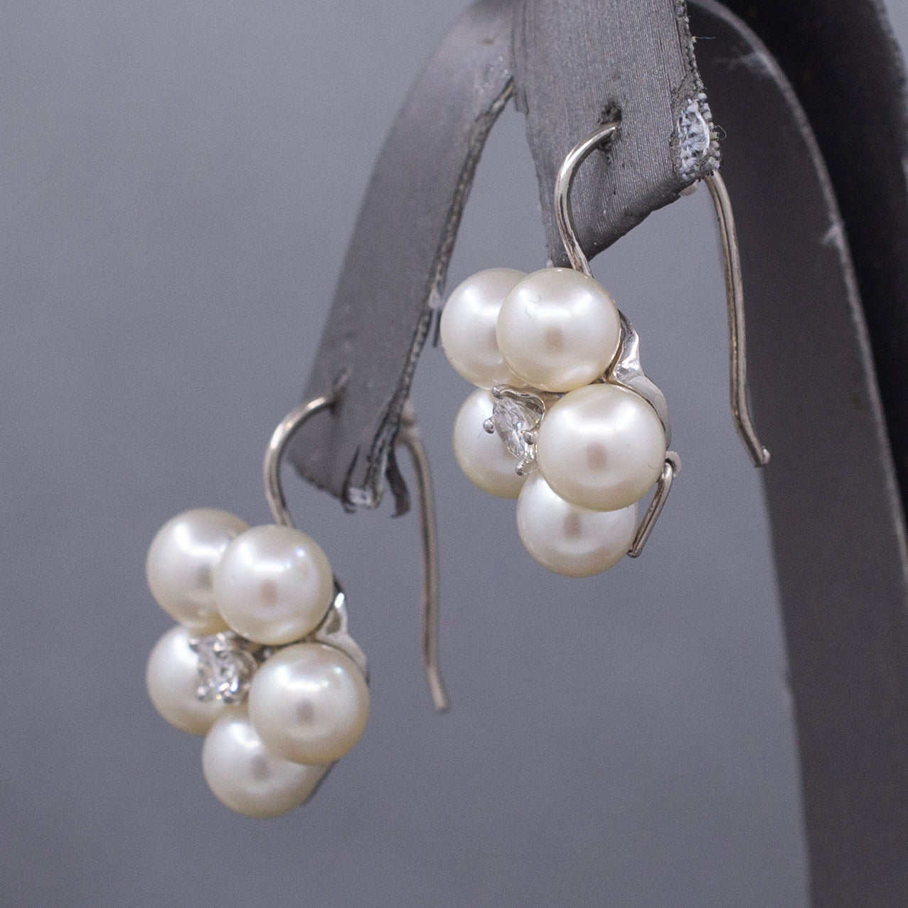 Vintage Diamond and Pearl Flower Drop Lever Back Earrings in 14k White Gold