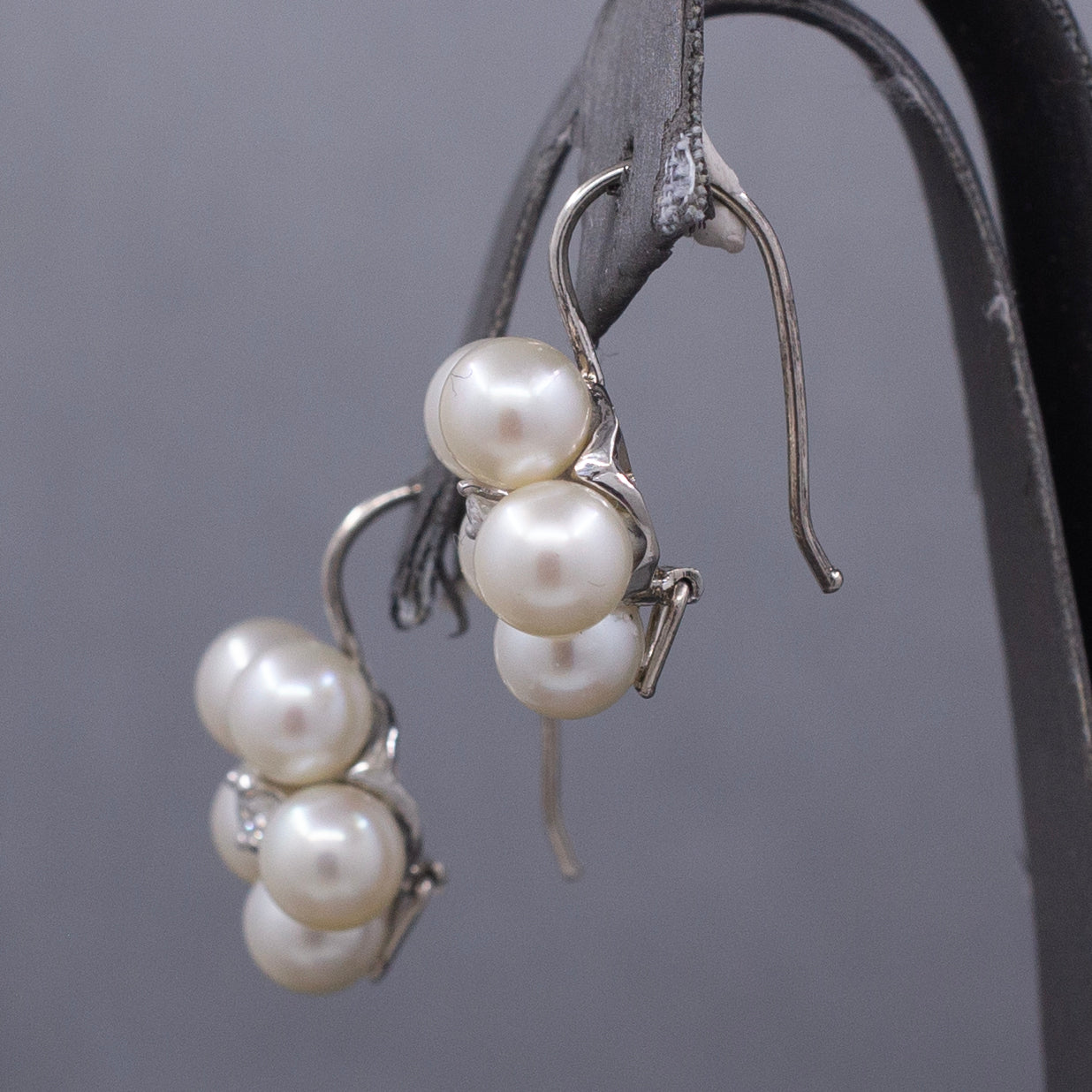 Vintage Diamond and Pearl Flower Drop Lever Back Earrings in 14k White Gold