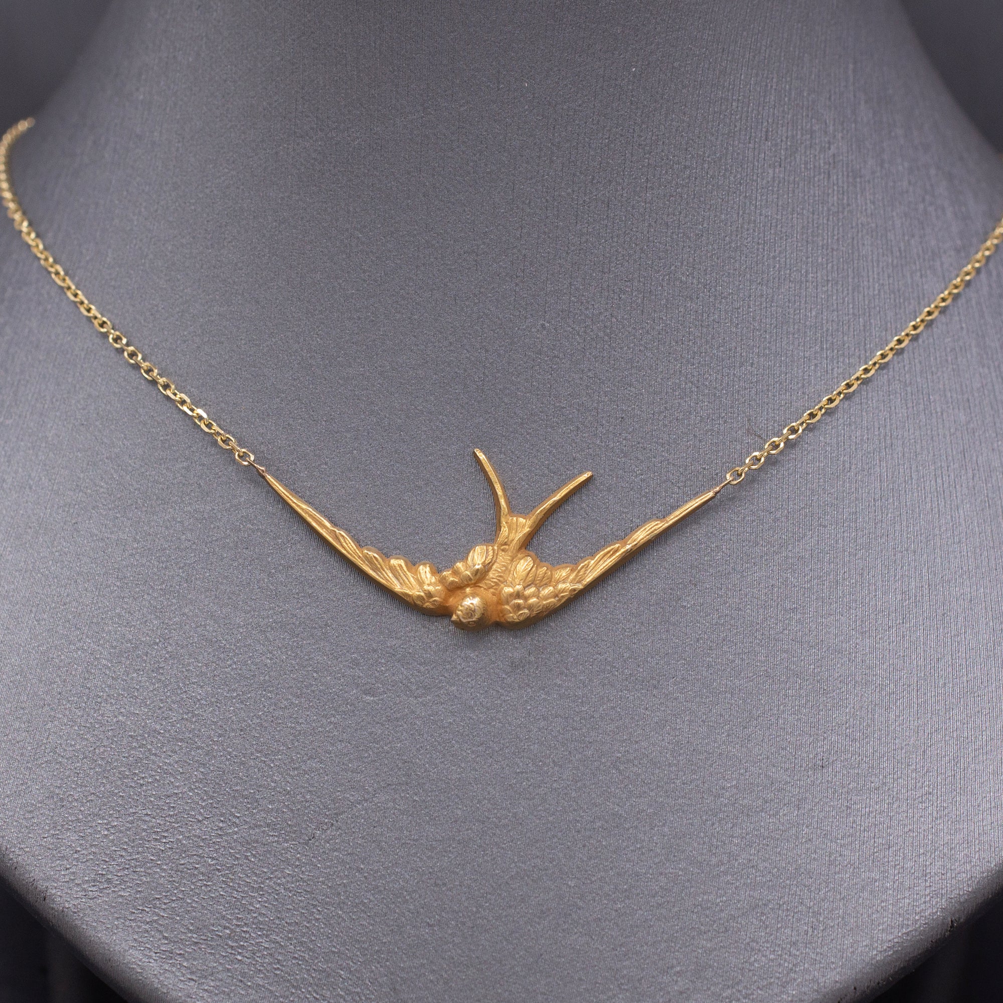 Antique Victorian Swallow Bird Necklace in 14k Yellow Gold