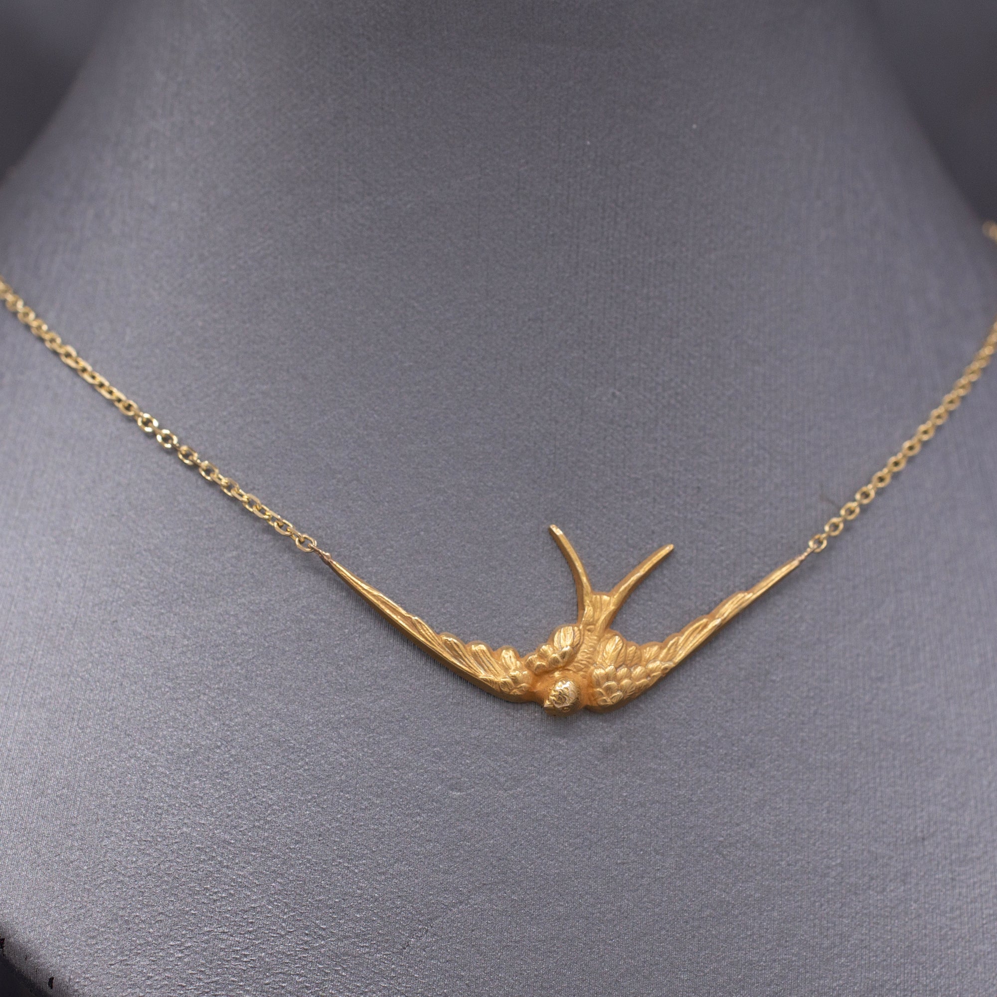 Antique Victorian Swallow Bird Necklace in 14k Yellow Gold