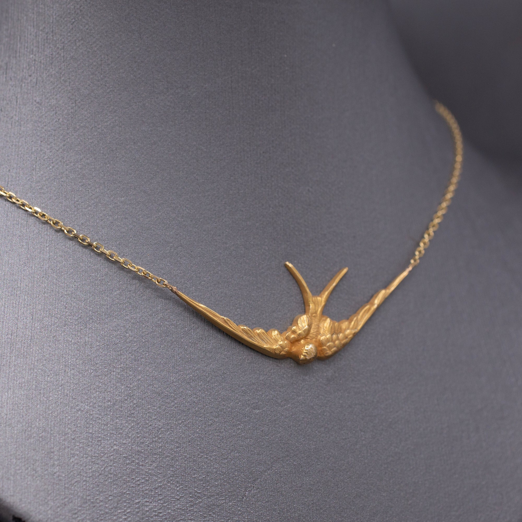 Antique Victorian Swallow Bird Necklace in 14k Yellow Gold