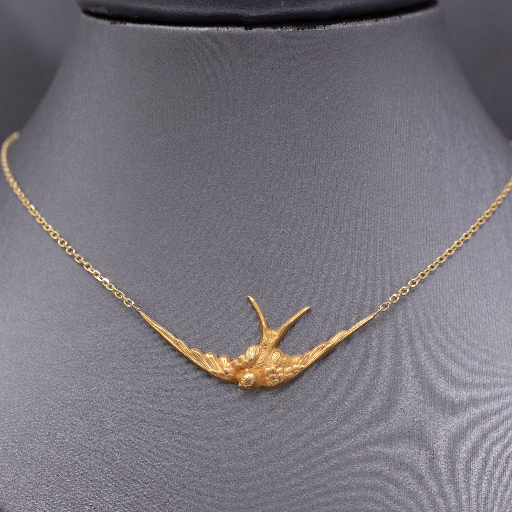 Antique Victorian Swallow Bird Necklace in 14k Yellow Gold