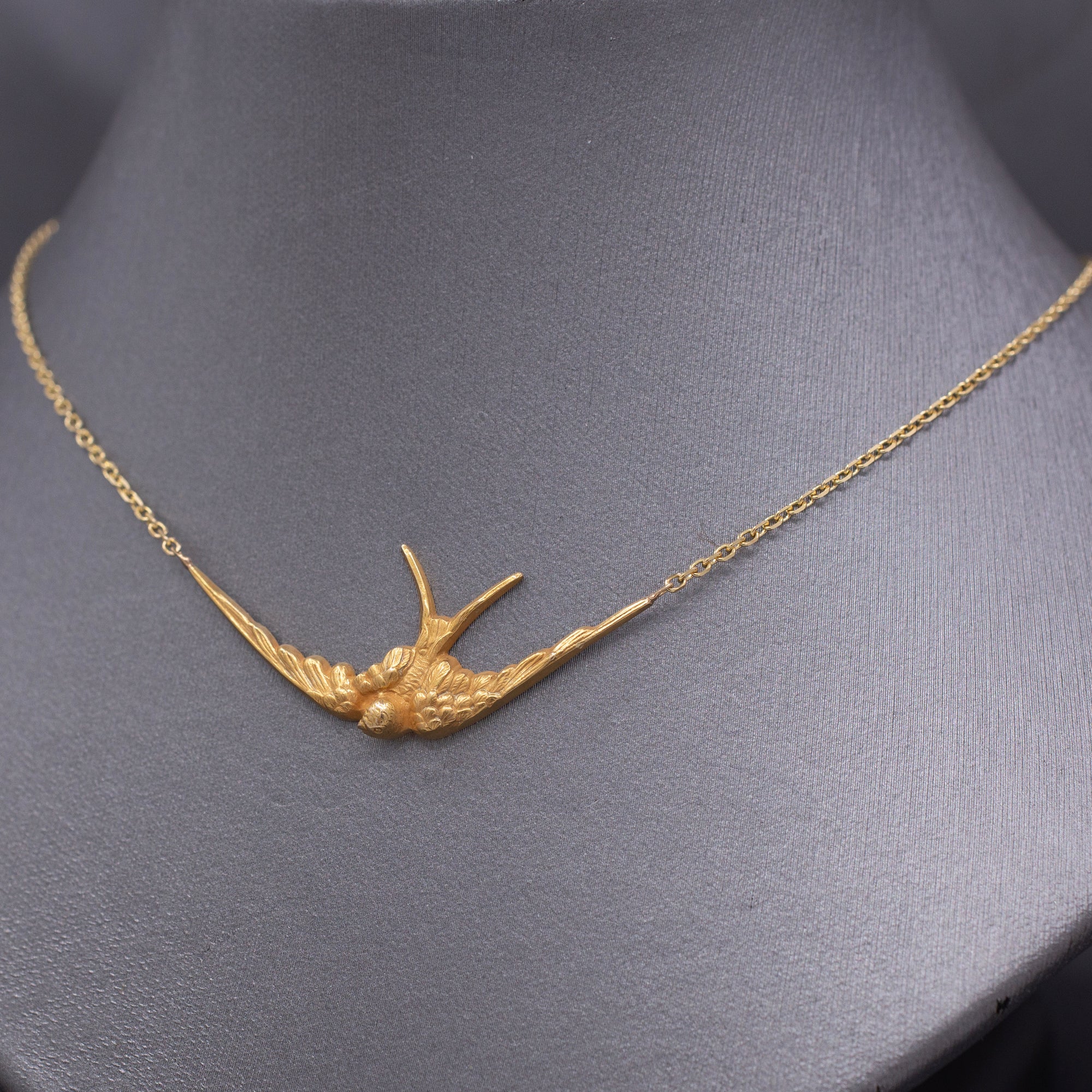 Antique Victorian Swallow Bird Necklace in 14k Yellow Gold
