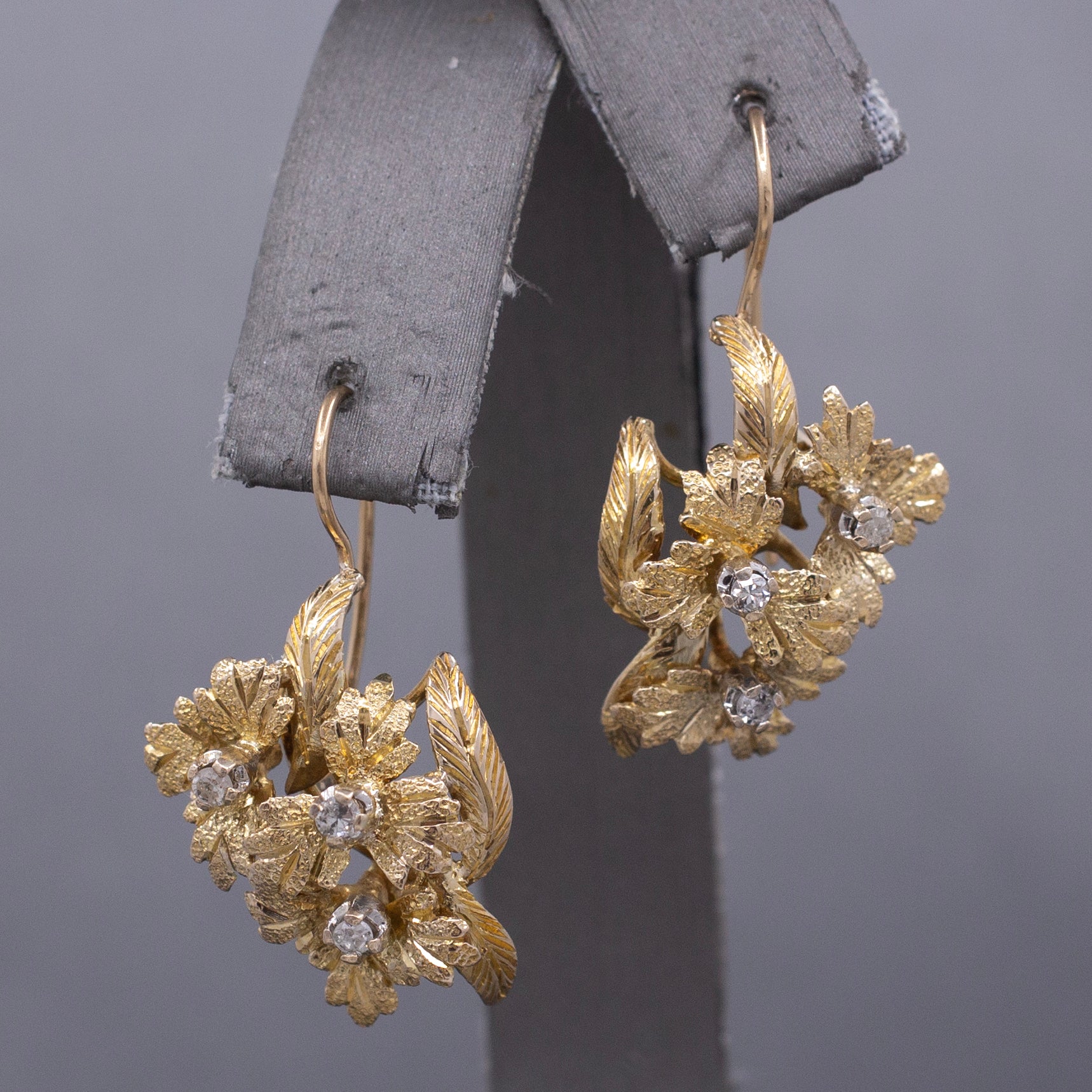 Handcrafted Mid-Century Diamond Leaf Cluster Earrings in 14k Yellow Gold