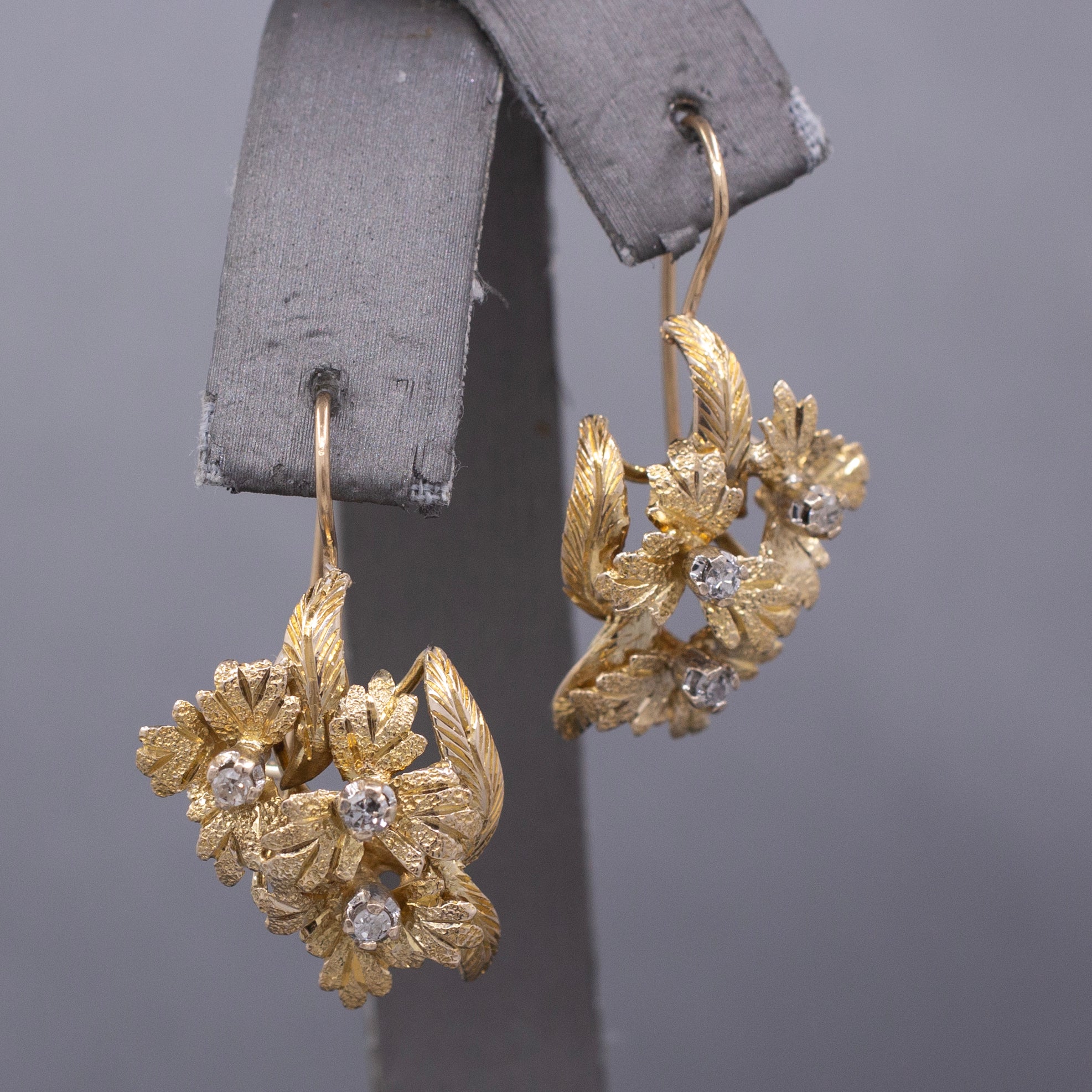 Handcrafted Mid-Century Diamond Leaf Cluster Earrings in 14k Yellow Gold