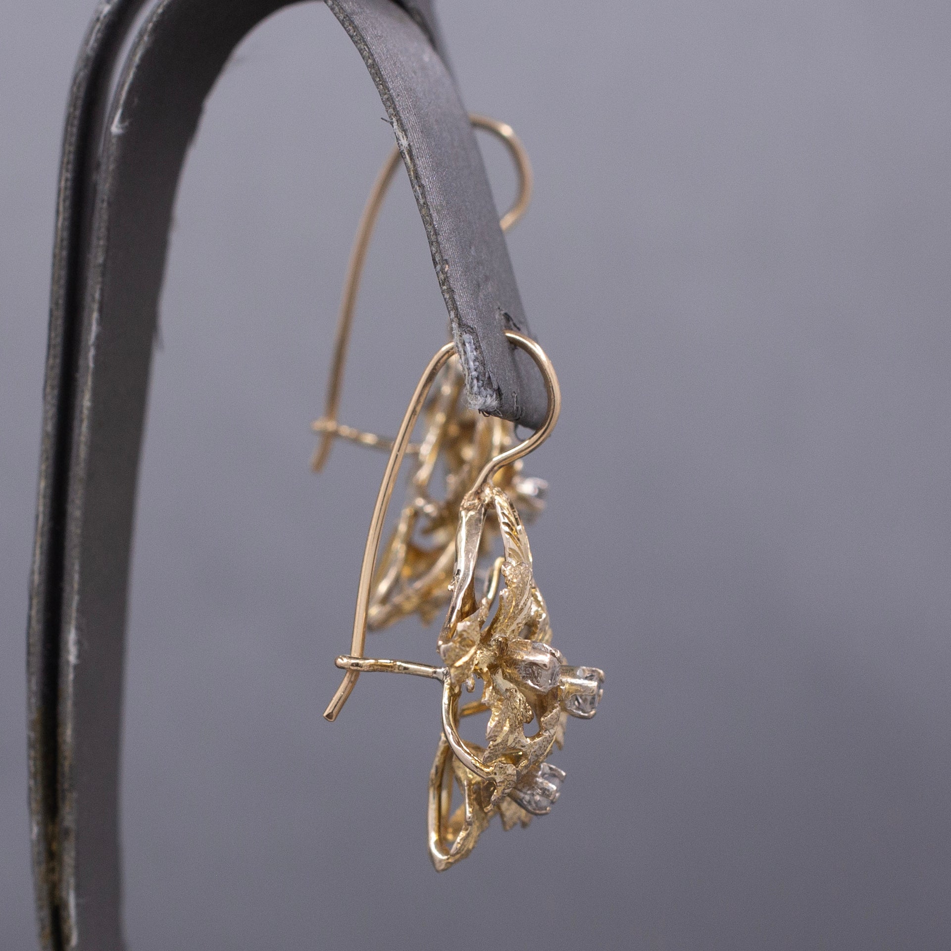 Handcrafted Mid-Century Diamond Leaf Cluster Earrings in 14k Yellow Gold