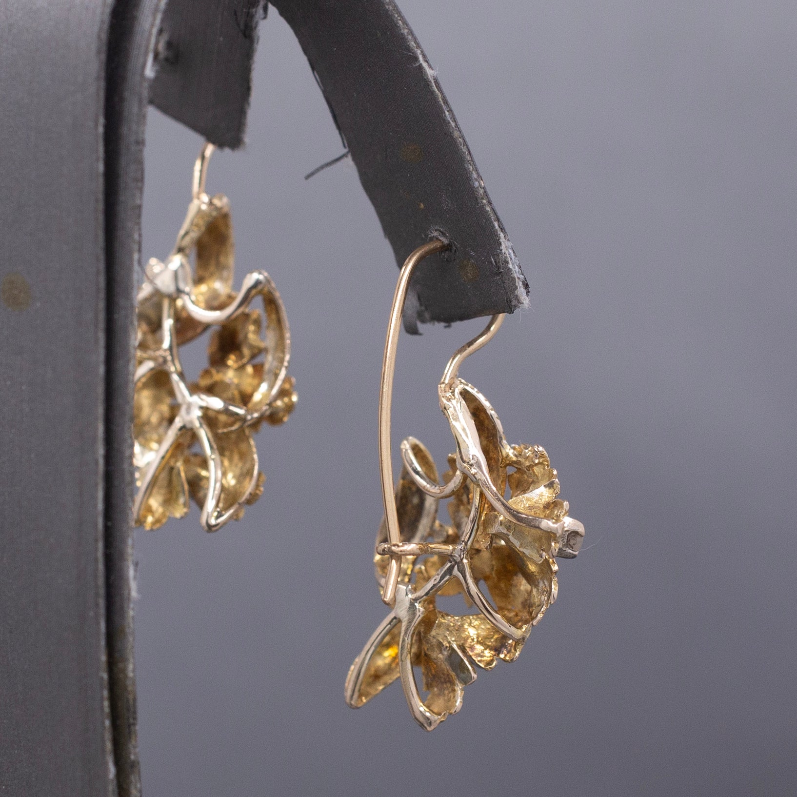 Handcrafted Mid-Century Diamond Leaf Cluster Earrings in 14k Yellow Gold