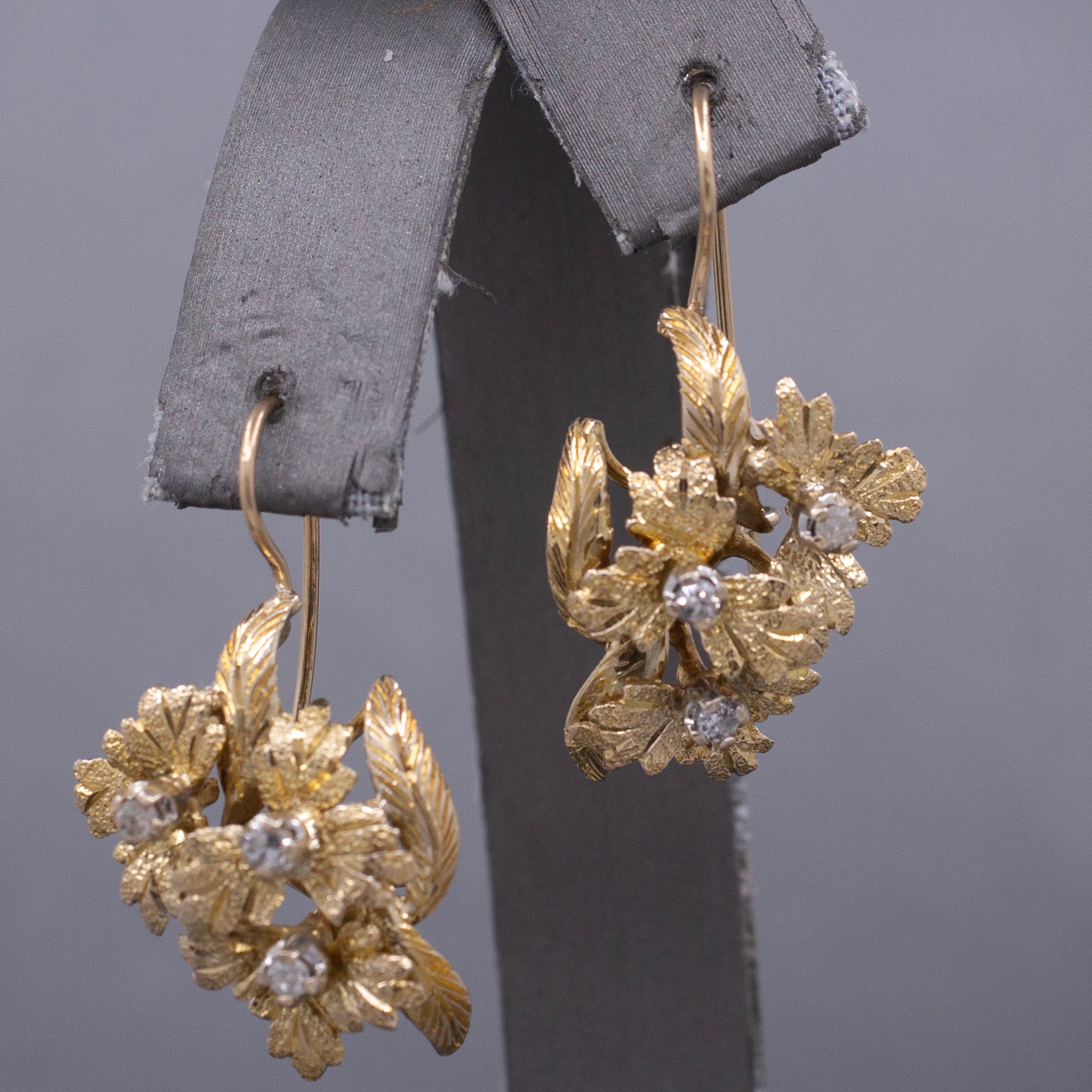 Handcrafted Mid-Century Diamond Leaf Cluster Earrings in 14k Yellow Gold