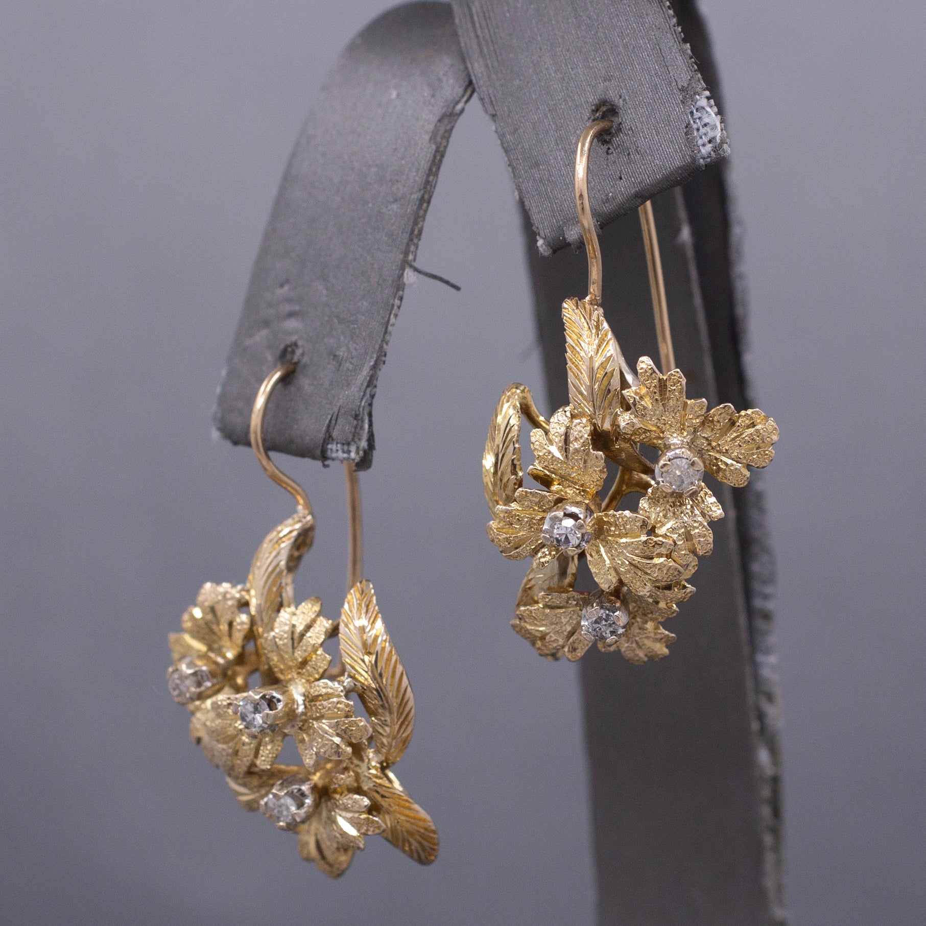 Handcrafted Mid-Century Diamond Leaf Cluster Earrings in 14k Yellow Gold