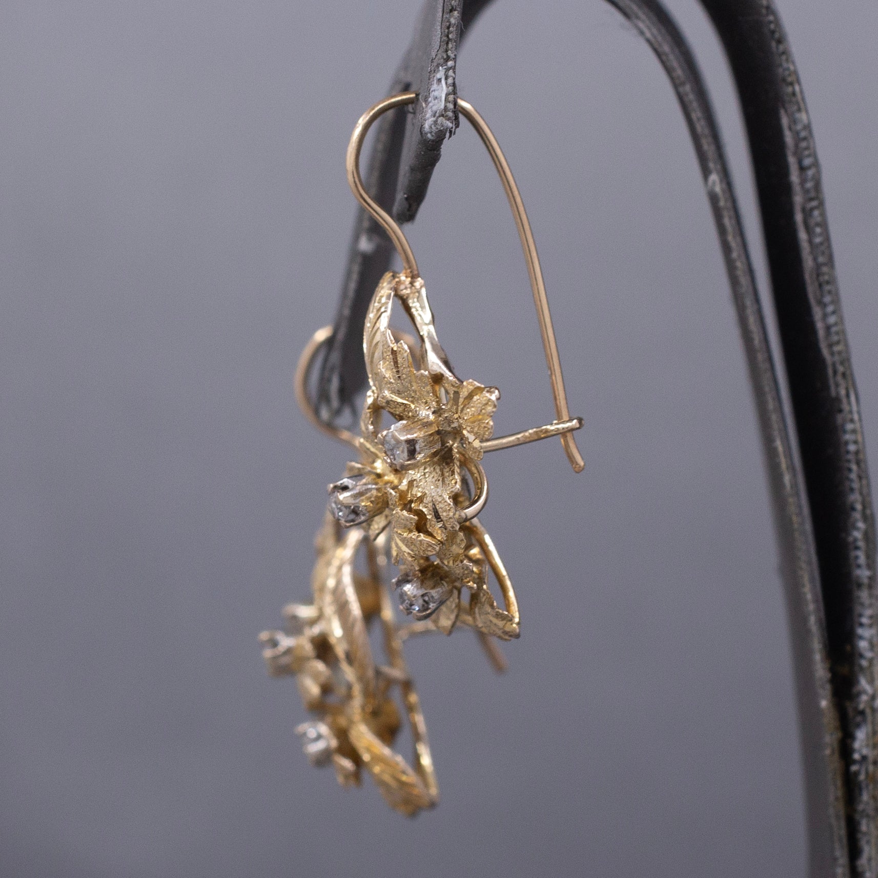 Handcrafted Mid-Century Diamond Leaf Cluster Earrings in 14k Yellow Gold