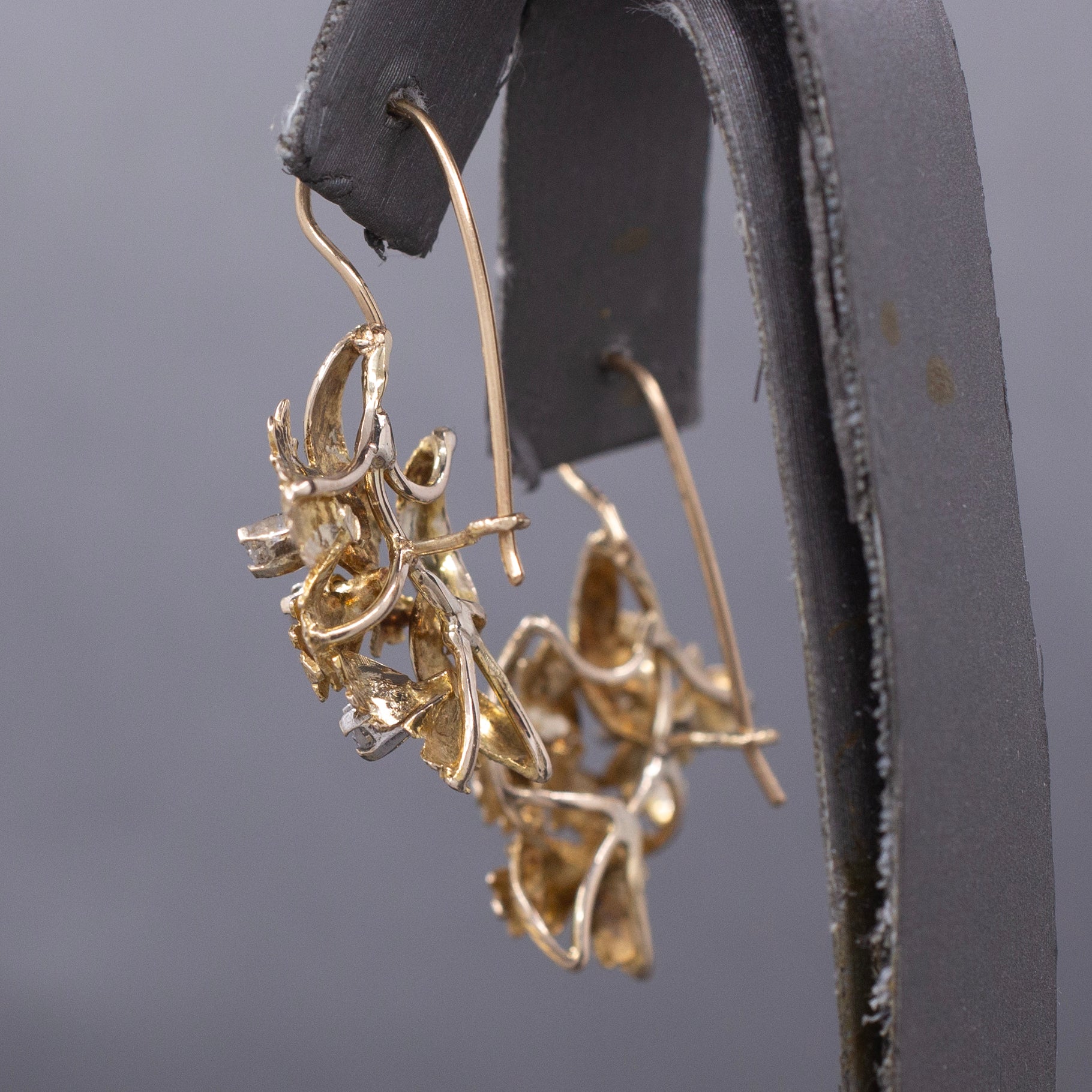 Handcrafted Mid-Century Diamond Leaf Cluster Earrings in 14k Yellow Gold