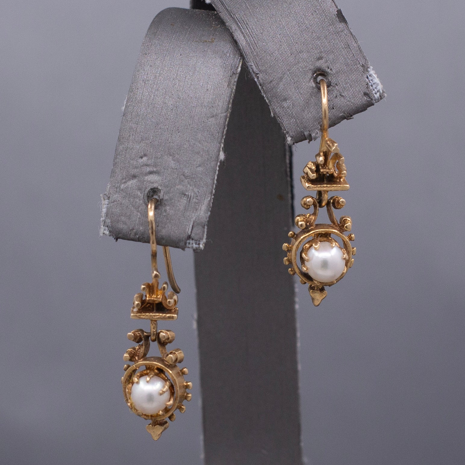 Antique Victorian Pearl Drop Earrings in 14k Yellow Gold
