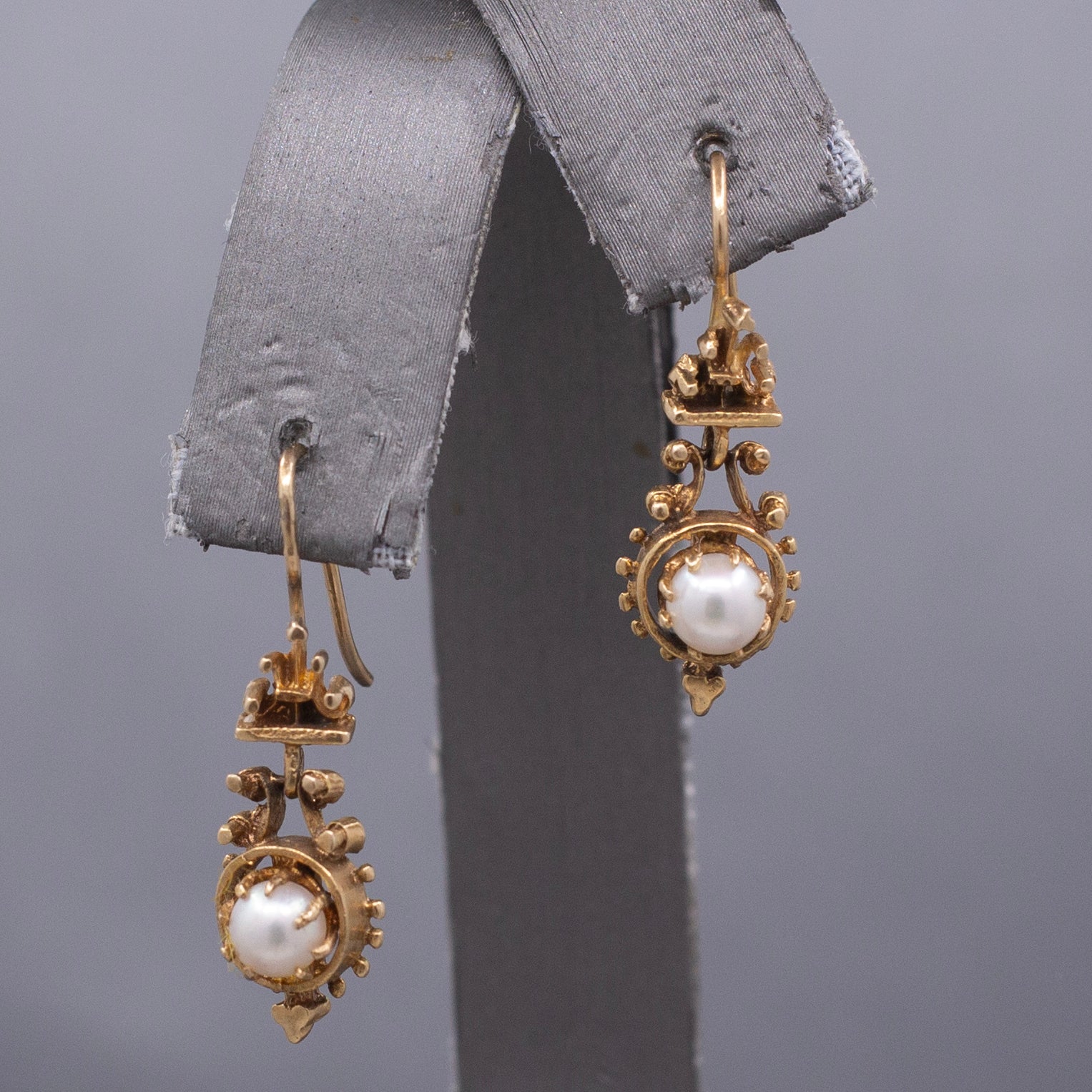 Antique Victorian Pearl Drop Earrings in 14k Yellow Gold