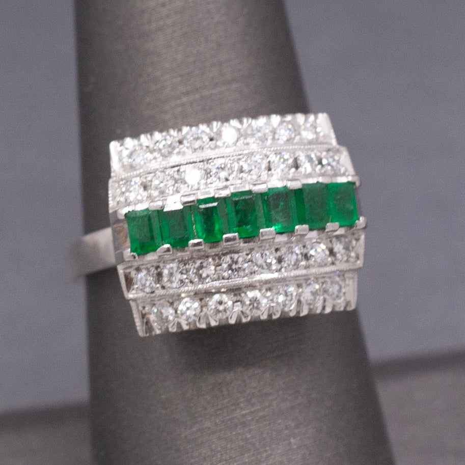 Mid-Century Emerald and Diamond Five Row Band Ring in Platinum