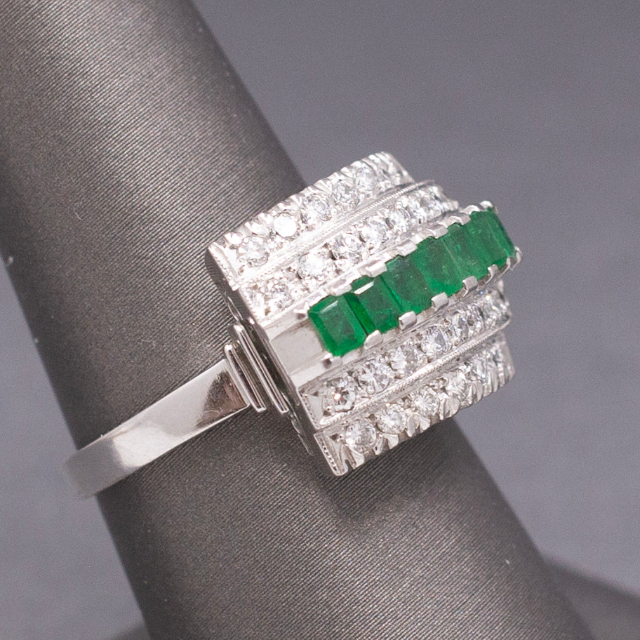 Mid-Century Emerald and Diamond Five Row Band Ring in Platinum