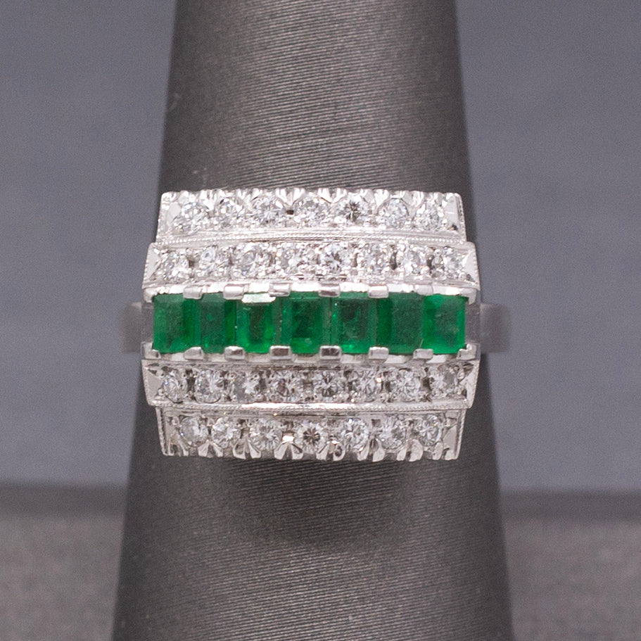 Mid-Century Emerald and Diamond Five Row Band Ring in Platinum