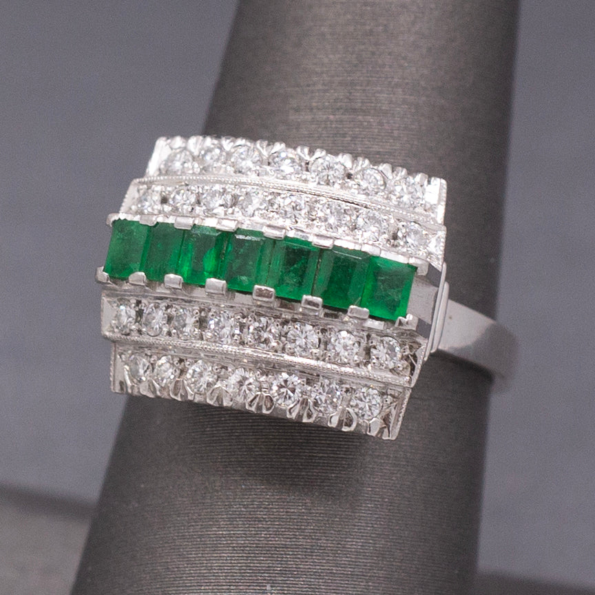 Mid-Century Emerald and Diamond Five Row Band Ring in Platinum