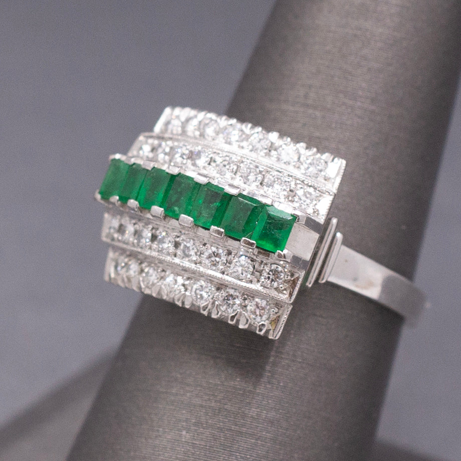 Mid-Century Emerald and Diamond Five Row Band Ring in Platinum