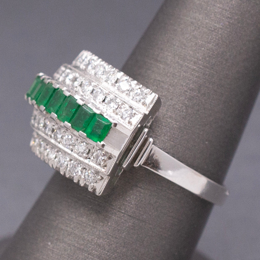 Mid-Century Emerald and Diamond Five Row Band Ring in Platinum
