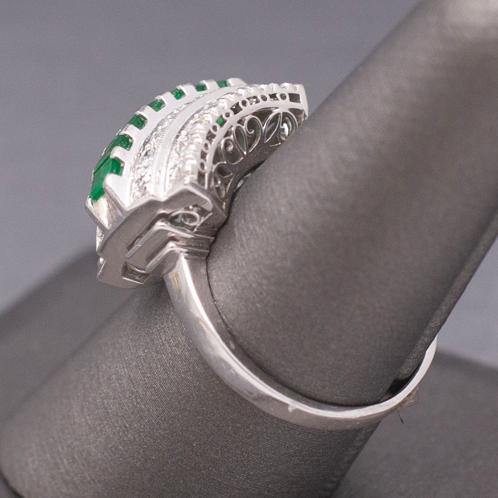 Mid-Century Emerald and Diamond Five Row Band Ring in Platinum