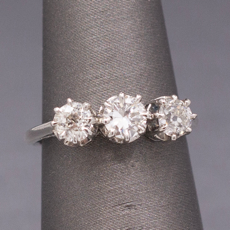 Art Deco Three Stone Old Mine Cut and Old European Cut Diamond Ring in Platinum