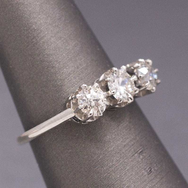 Art Deco Three Stone Old Mine Cut and Old European Cut Diamond Ring in Platinum