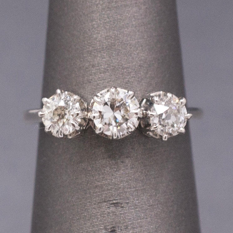 Art Deco Three Stone Old Mine Cut and Old European Cut Diamond Ring in Platinum