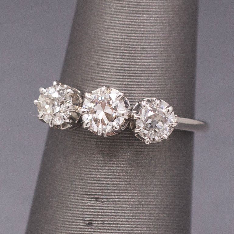 Art Deco Three Stone Old Mine Cut and Old European Cut Diamond Ring in Platinum