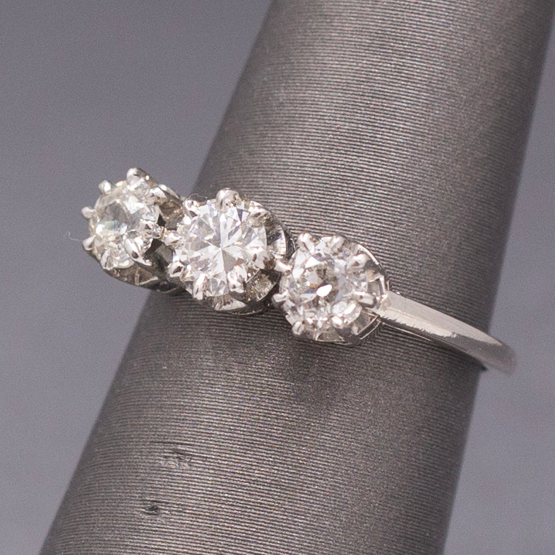 Art Deco Three Stone Old Mine Cut and Old European Cut Diamond Ring in Platinum