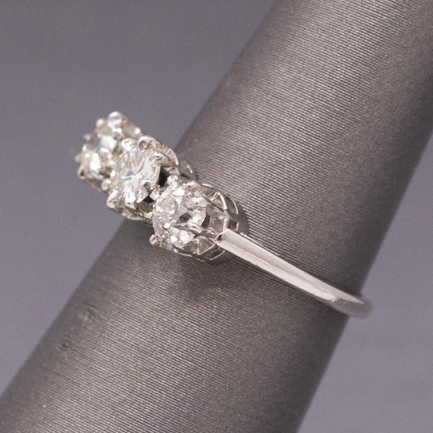 Art Deco Three Stone Old Mine Cut and Old European Cut Diamond Ring in Platinum