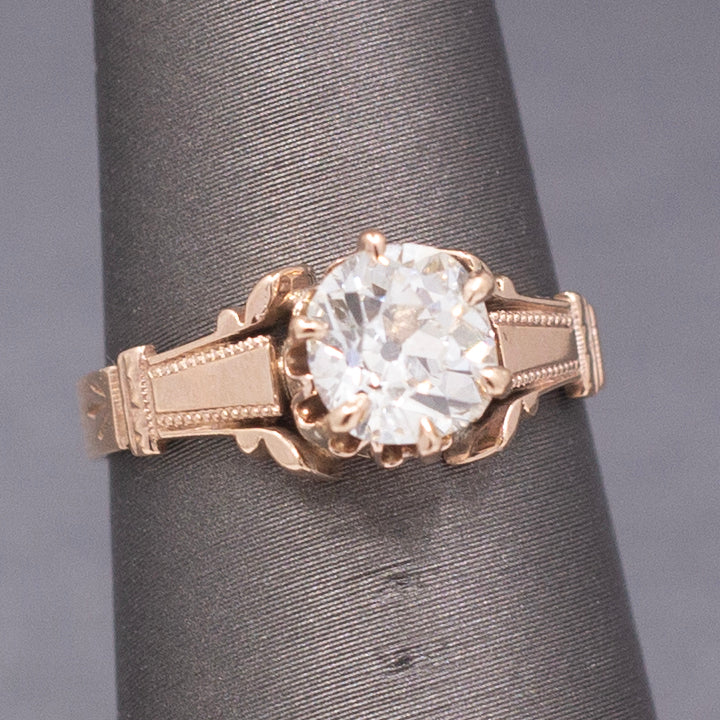 Antique Victorian 1.10ct Old Mine Cut Diamond Solitaire Ring in 10k Rose Gold