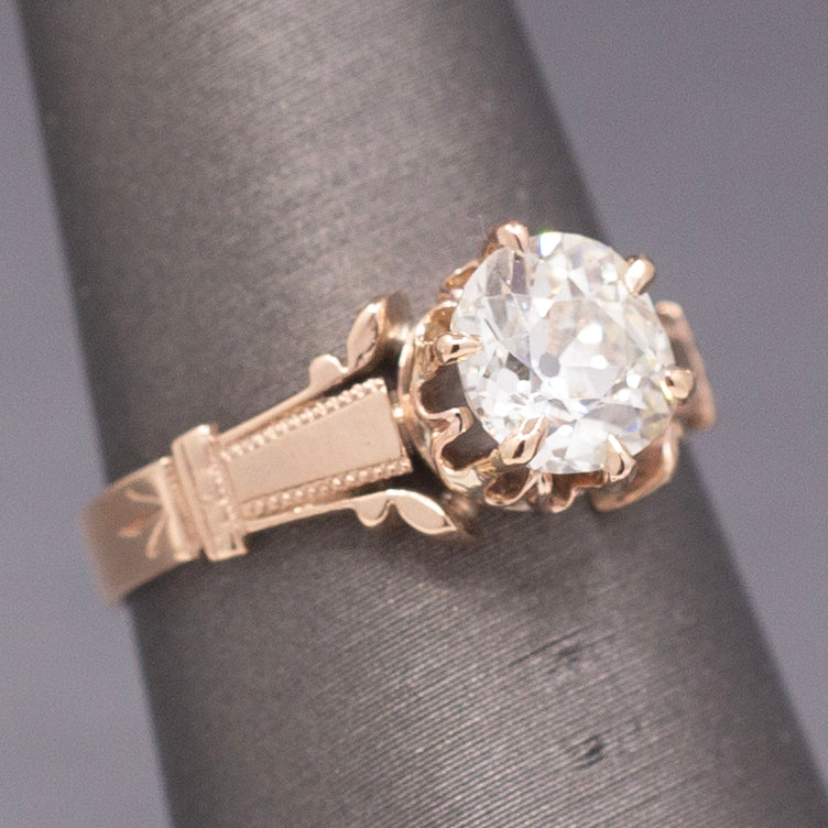 Antique Victorian 1.10ct Old Mine Cut Diamond Solitaire Ring in 10k Rose Gold