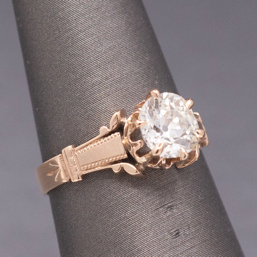 Antique Victorian 1.10ct Old Mine Cut Diamond Solitaire Ring in 10k Rose Gold