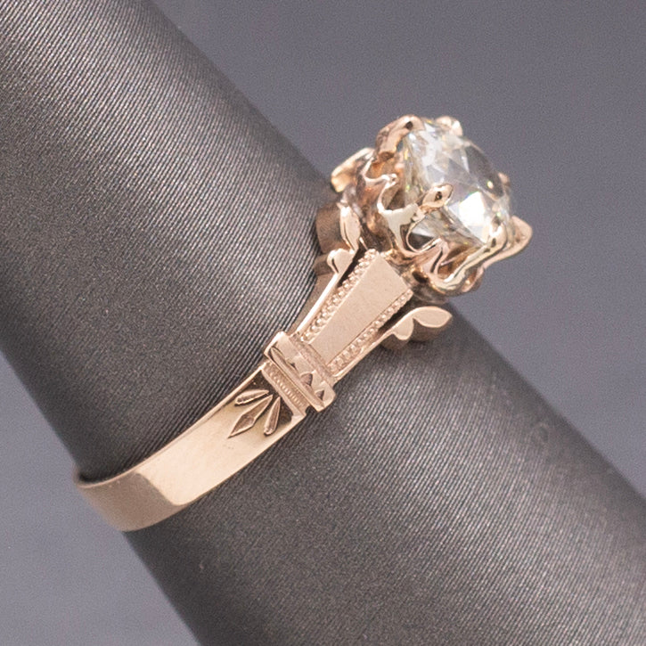 Antique Victorian 1.10ct Old Mine Cut Diamond Solitaire Ring in 10k Rose Gold
