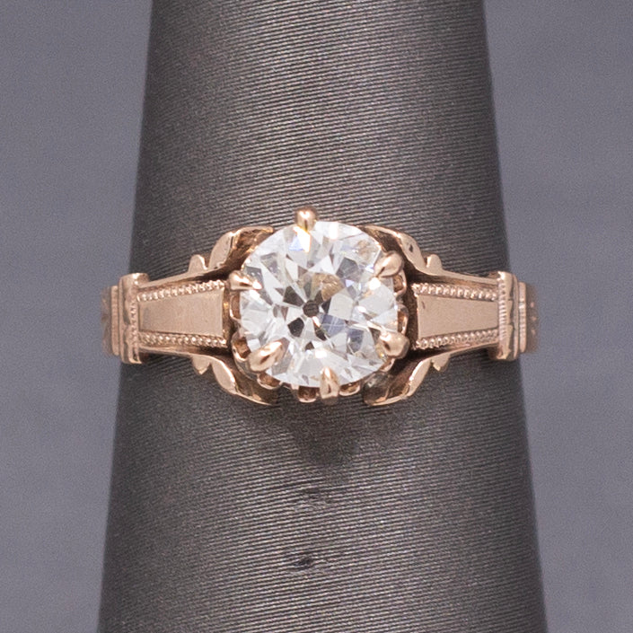 Antique Victorian 1.10ct Old Mine Cut Diamond Solitaire Ring in 10k Rose Gold