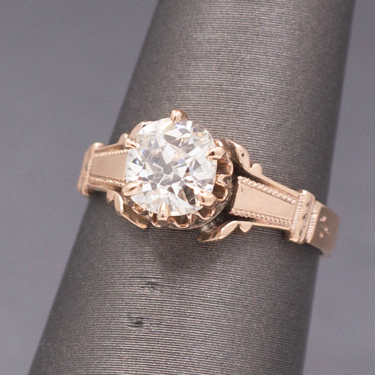 Antique Victorian 1.10ct Old Mine Cut Diamond Solitaire Ring in 10k Rose Gold