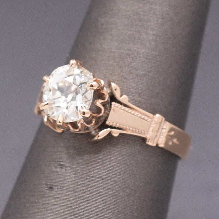 Antique Victorian 1.10ct Old Mine Cut Diamond Solitaire Ring in 10k Rose Gold