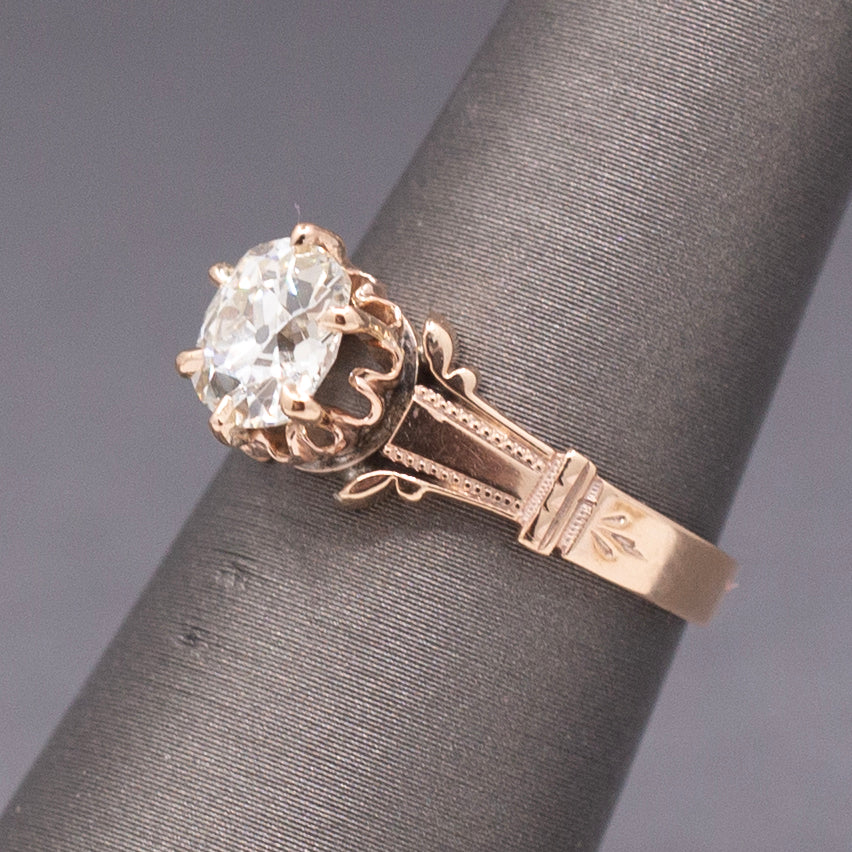 Antique Victorian 1.10ct Old Mine Cut Diamond Solitaire Ring in 10k Rose Gold