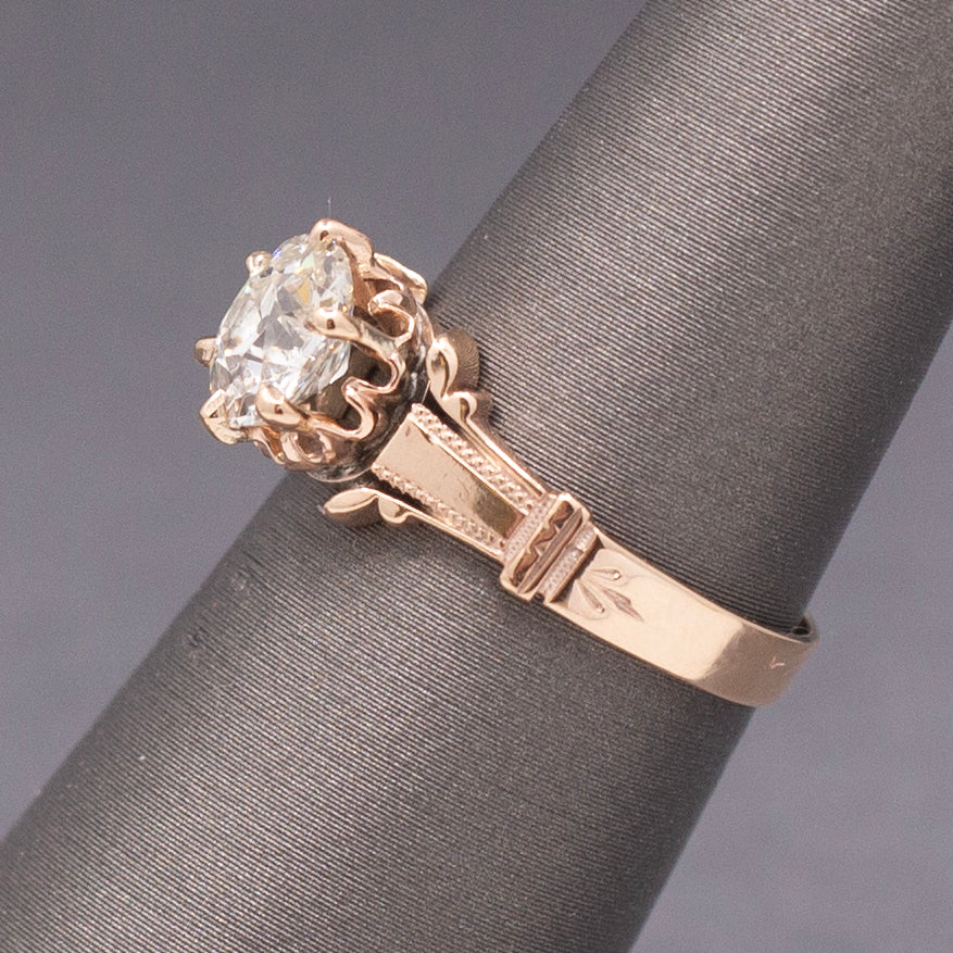 Antique Victorian 1.10ct Old Mine Cut Diamond Solitaire Ring in 10k Rose Gold