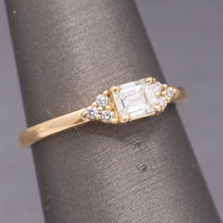 Handcrafted Delicate Dainty Petite Emerald Cut Diamond Ring in 14k Yellow Gold