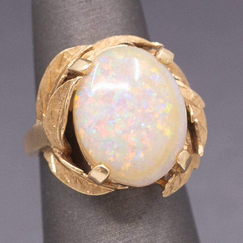 Mid-Century Opal Cocktail Ring with Leaf Design in 14k Yellow Gold