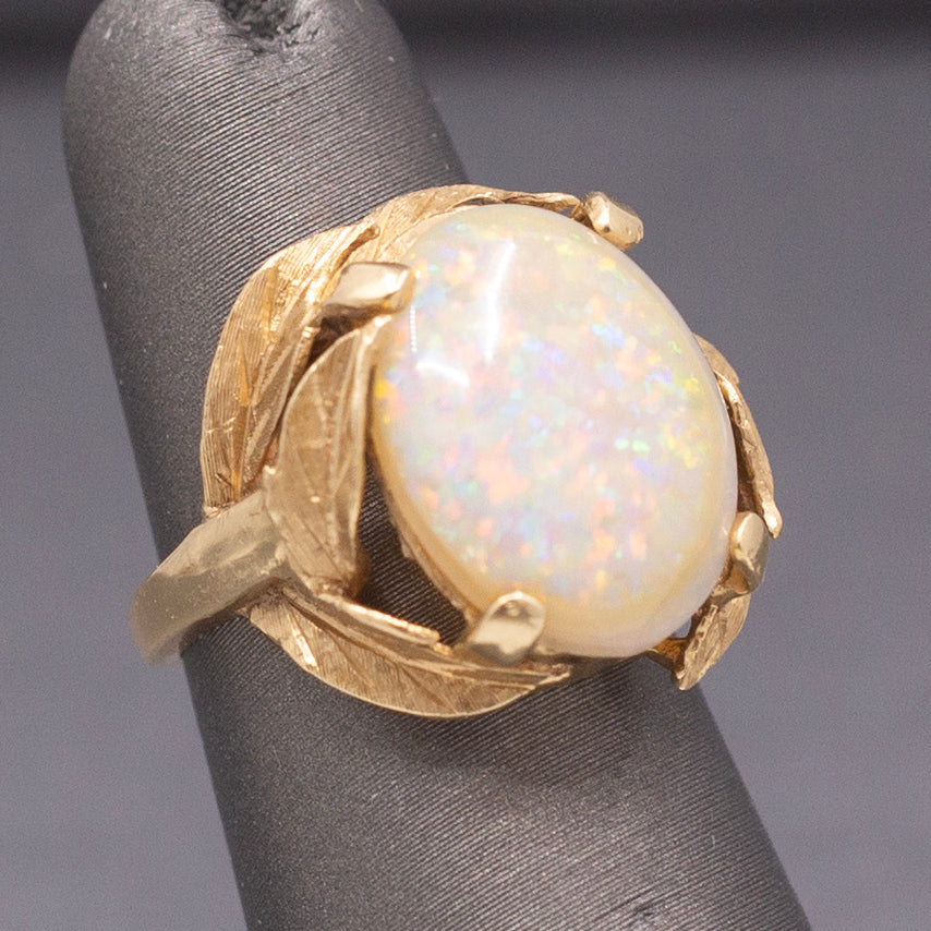 Mid-Century Opal Cocktail Ring with Leaf Design in 14k Yellow Gold