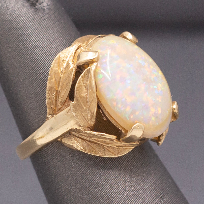 Mid-Century Opal Cocktail Ring with Leaf Design in 14k Yellow Gold