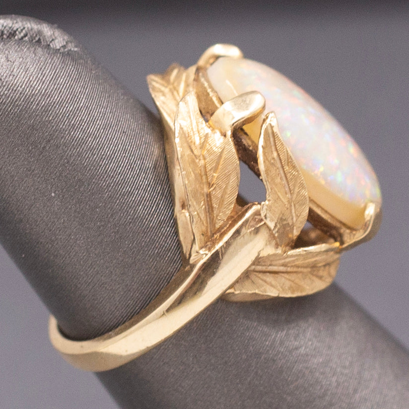 Mid-Century Opal Cocktail Ring with Leaf Design in 14k Yellow Gold