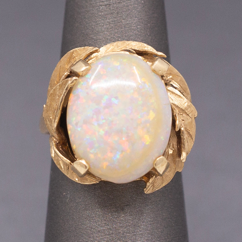 Mid-Century Opal Cocktail Ring with Leaf Design in 14k Yellow Gold