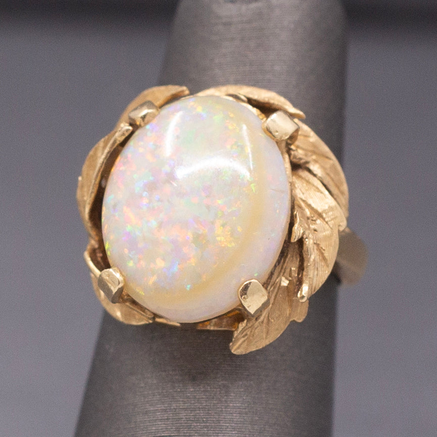 Mid-Century Opal Cocktail Ring with Leaf Design in 14k Yellow Gold