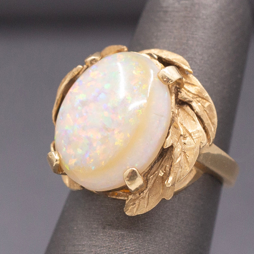 Mid-Century Opal Cocktail Ring with Leaf Design in 14k Yellow Gold
