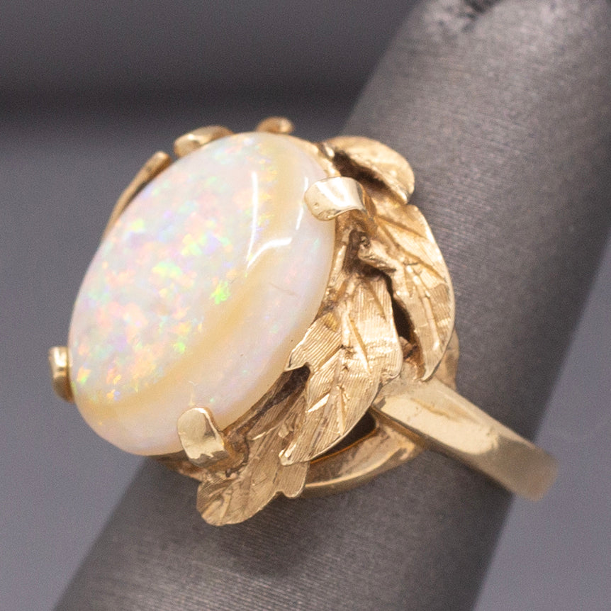 Mid-Century Opal Cocktail Ring with Leaf Design in 14k Yellow Gold